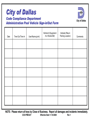 Administration Pool Vehicle Sign InOut Form 4eval Com