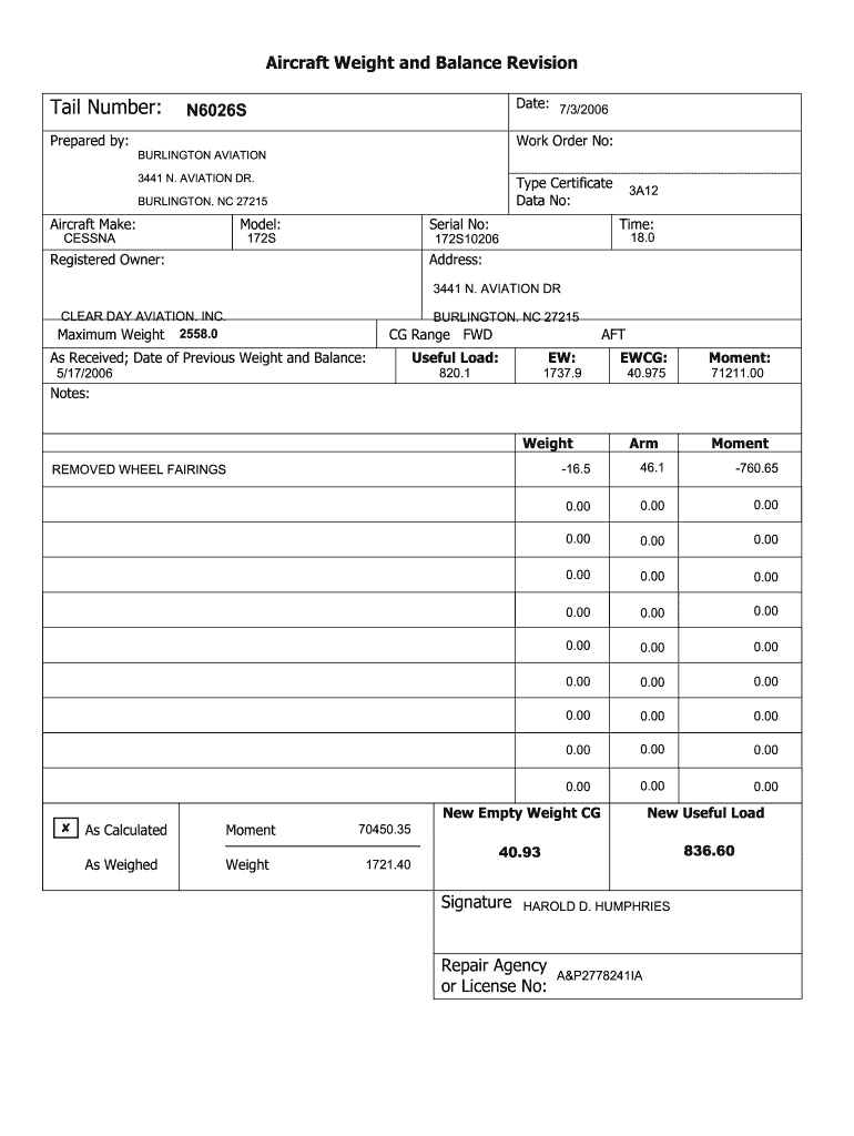 Blank Aircraft Weight and Balance Revision Form