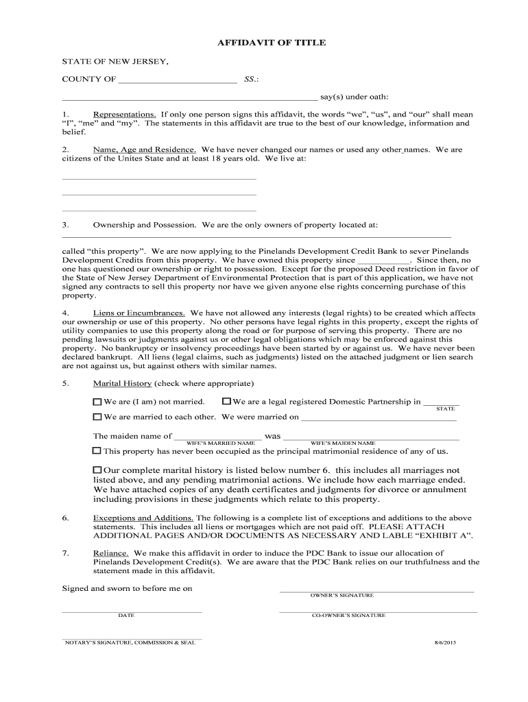 Affidavit of Title New Jersey  Form
