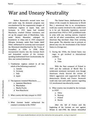 War and Uneasy Neutrality Answer Key  Form