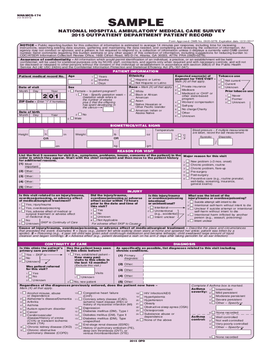  National Hospital Ambulatory Medical Care Survey Outpatient Department Patient Record Form Sample Card National Hospital Ambulat 2015-2024