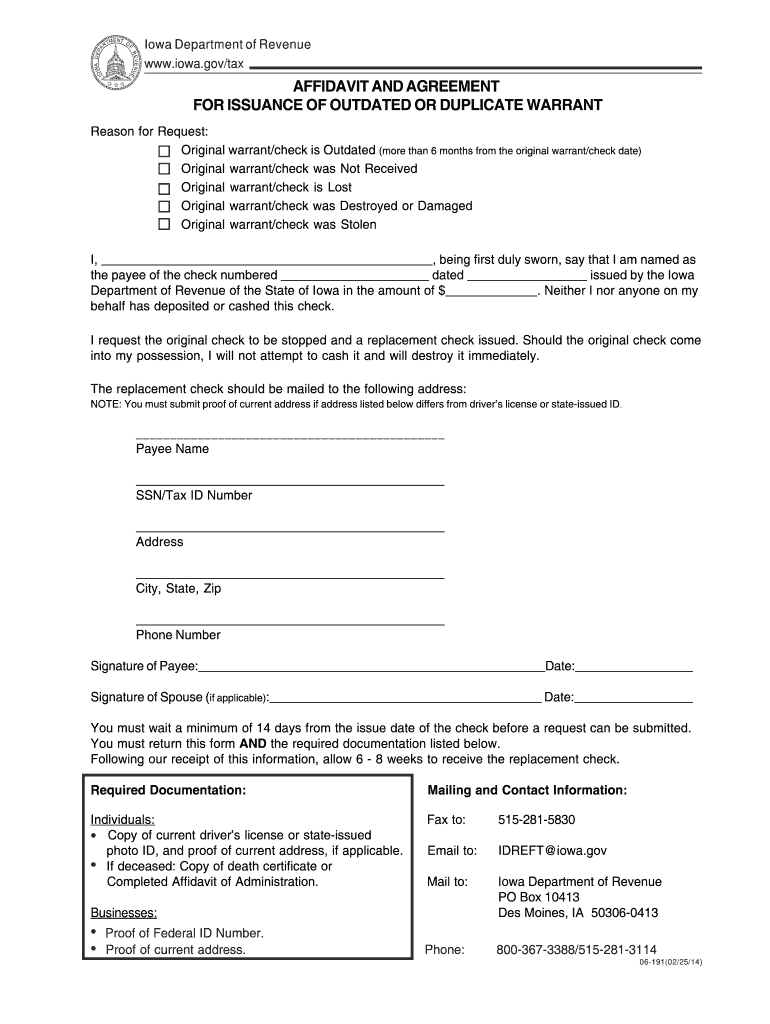  Affidavit and Agreement for Issuance of Duplicate Warrant 06 191 2014