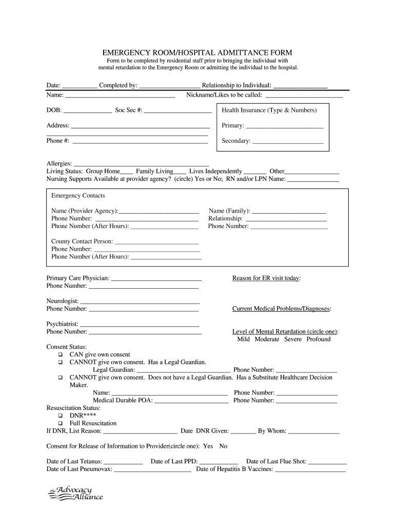 Emergency Room Hospital Admittance Form