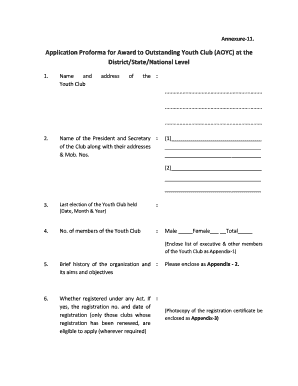 Application Proforma for Award to Outstanding Youth Club