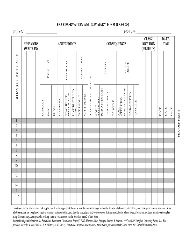 FBA Observation and Summary Form FBA OsF Student Observer  Sbs Mnsu