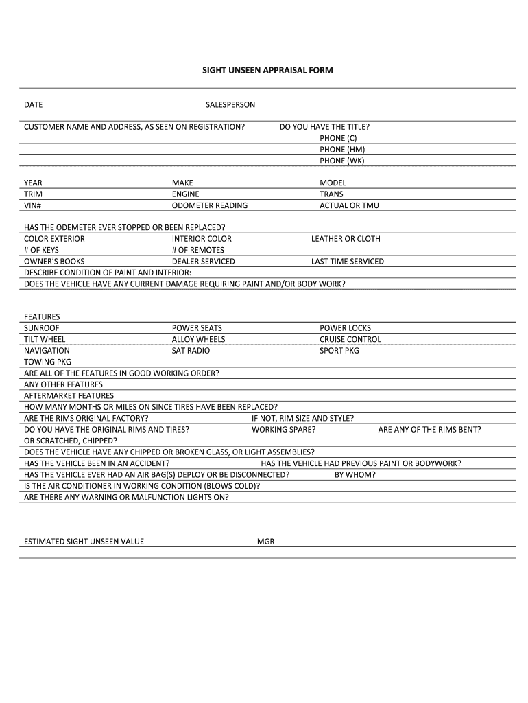 Sight Unseen Appraisal  Form