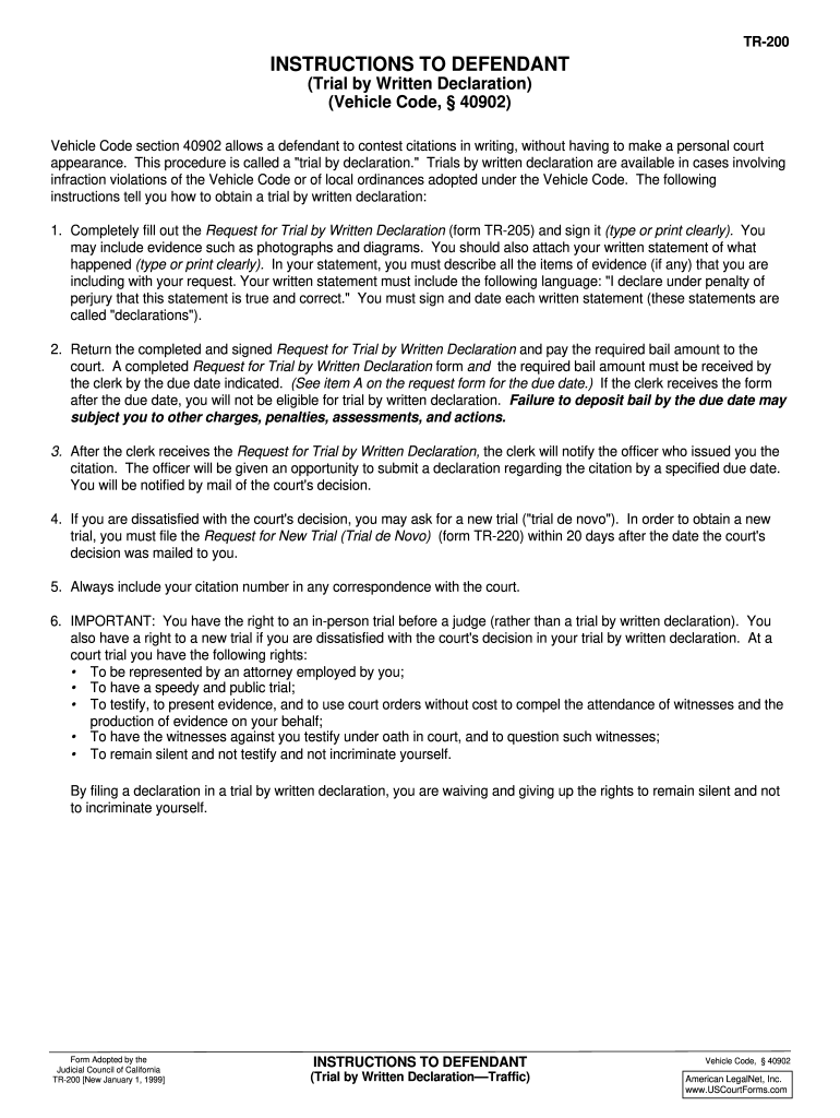 Sample Trial by Written Declaration California Form