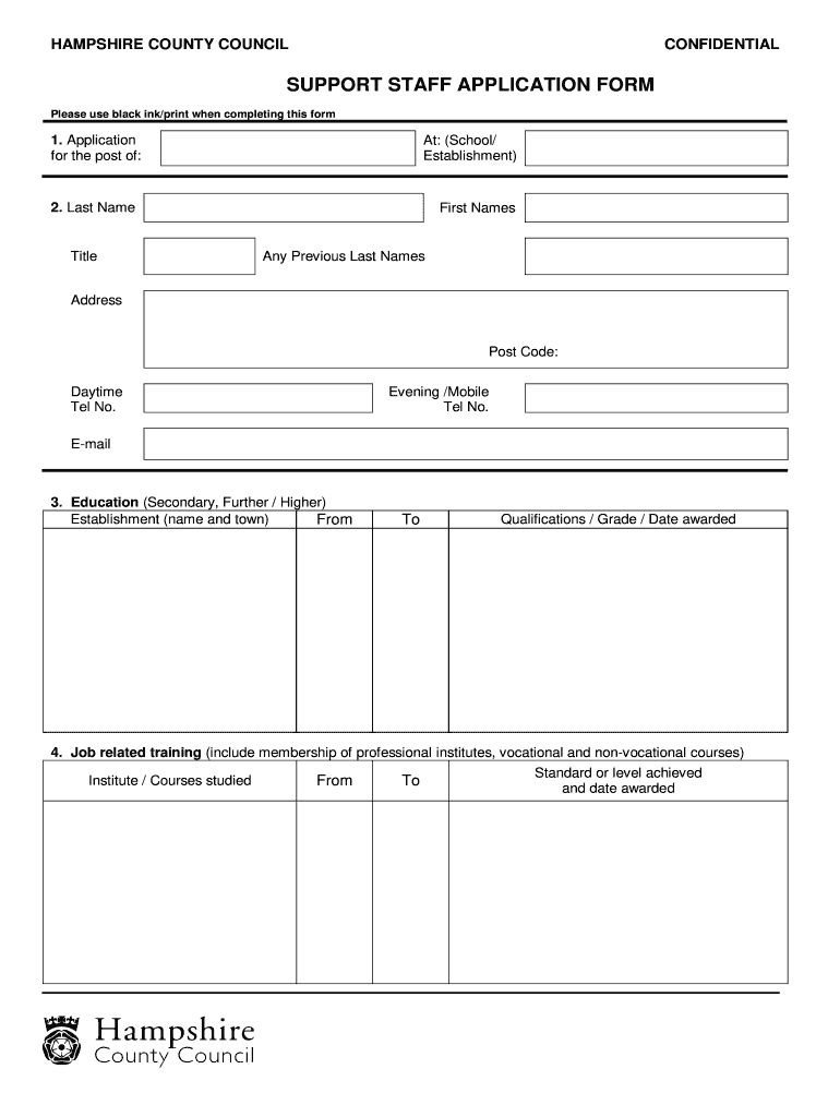  SUPPORT STAFF APPLICATION FORM  Hampshire County Council  Kimpton Hants Sch 2012