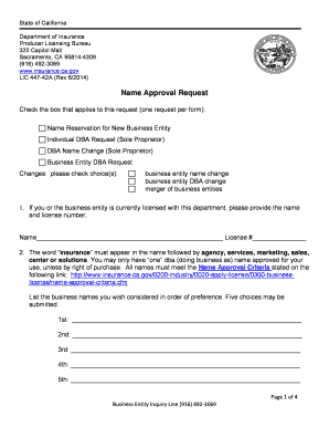 Name Approval Request California Department of Insurance Insurance Ca  Form