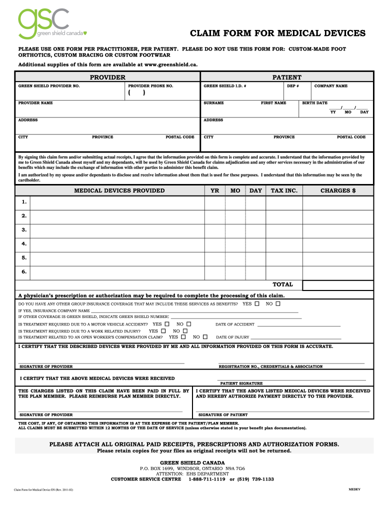 Get and Sign Green Shield Claim Form for Medical Devices 2011