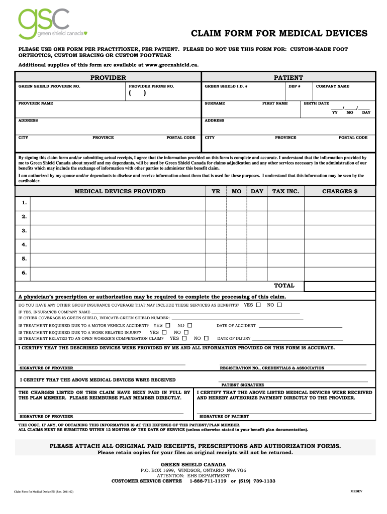  Green Shield Claim Form for Medical Devices 2011