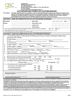 AUTHORIZATION FORM for CUSTOM BRACES Green Shield Greenshield