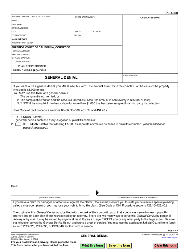 California General Denial Form PLD 050