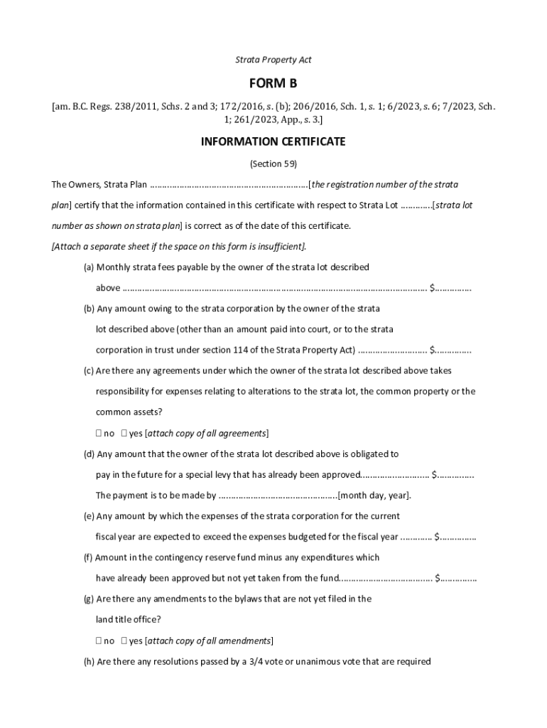 Strata Property Act Form B Information Certificate