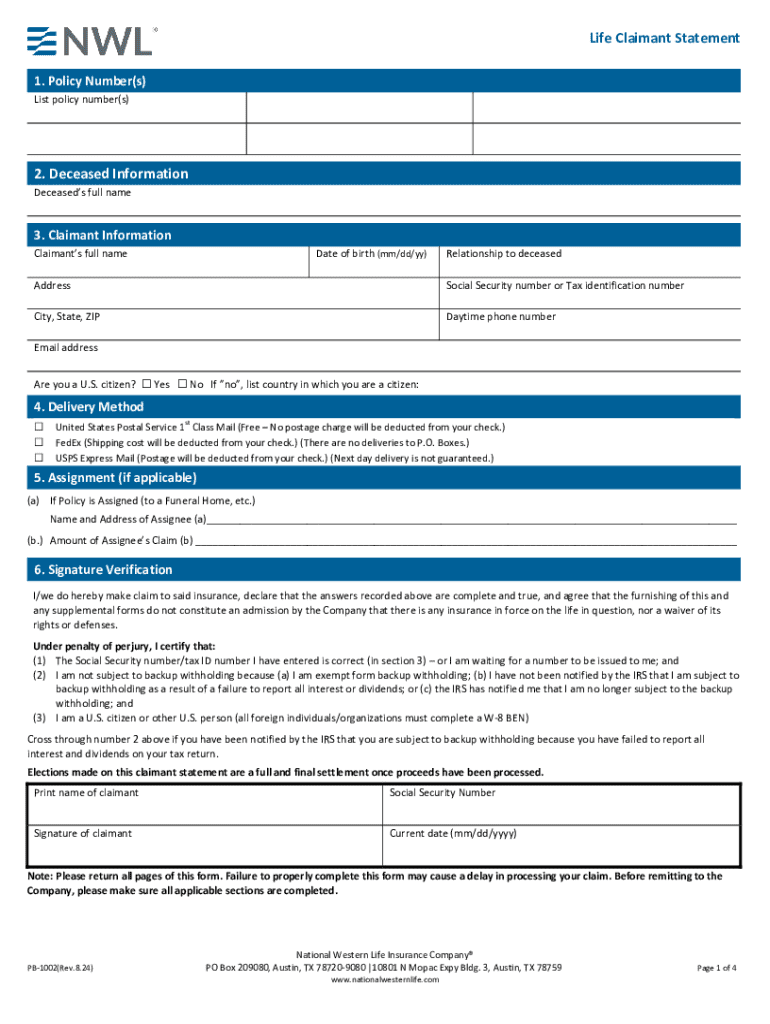 Life Claimant Statement Form