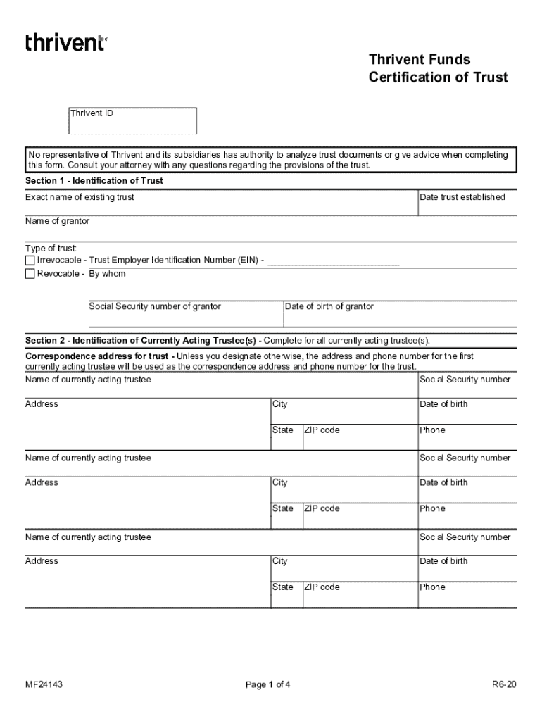 Certification of Trust Form MF24143 Form MF24143 for Authorizing Ownership of a Mutual Fund Account by a Trust 2020-2025