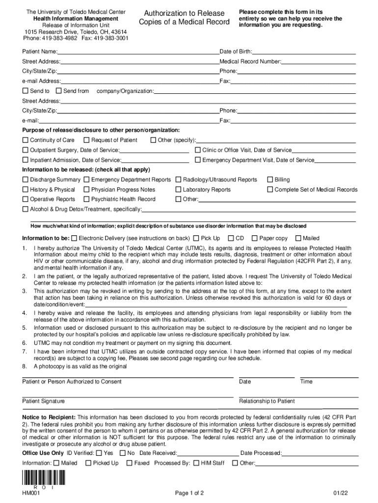 University of Toledo Medical Center Authorization to Release  Form