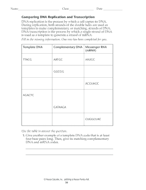 Comparing Dna Replication and Transcription Answer Key  Form