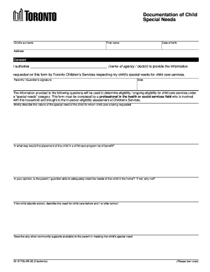 City of Toronto Documentation of Child Special Needs  Form