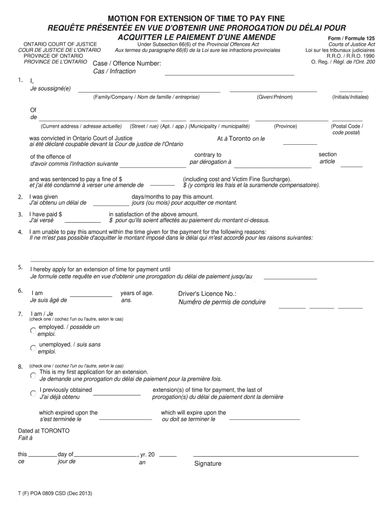 Motion for Extension of Time to Pay Fine Ontario  Form