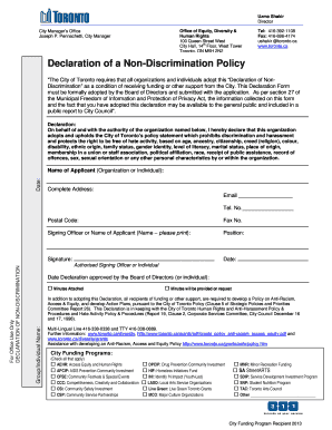 Declaration of Non Discrimination Policy City of Toronto  Form