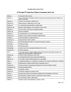 6th through 8th Grade Word Wizard Vocabulary Word List  Form