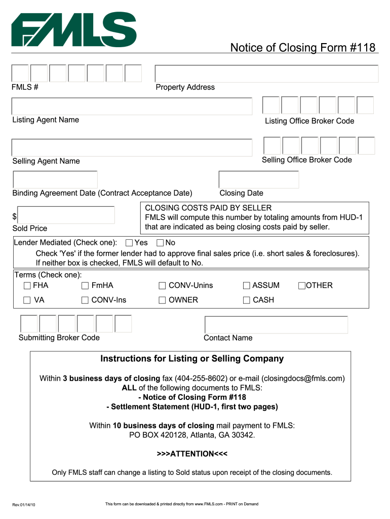  Notice of Closing Form #118  MLSConnect US 2010