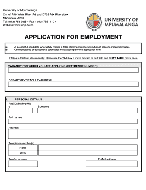 University of Mpumalanga Job Application Form