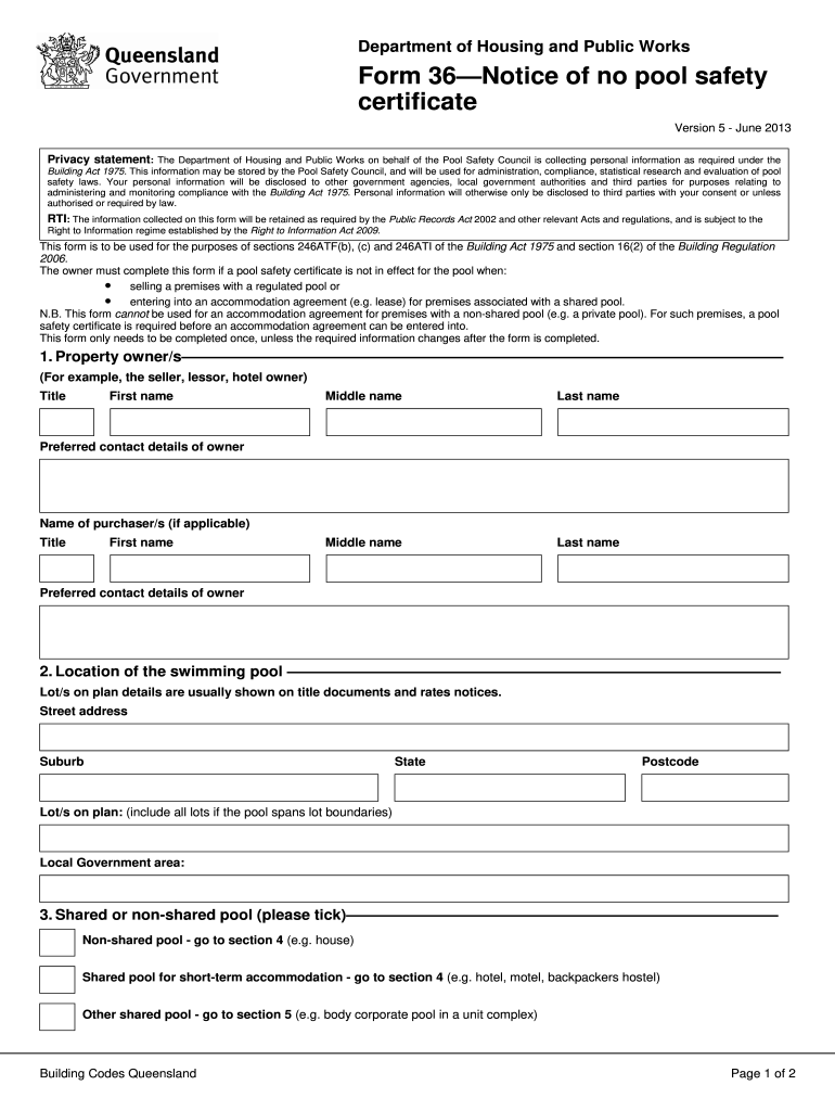 Get and Sign Form 36 Notice of No Pool Safety Certificate Real Estate Training 2013-2022