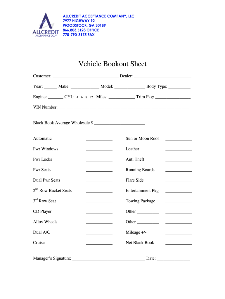 Bookout Sheet  Form