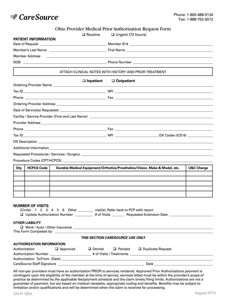  Ohio Provider Medical Prior Authorization Request Form CareSource 2013-2024