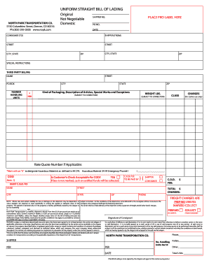 Uniform Straight Bill of Lading North Park Transportation Co