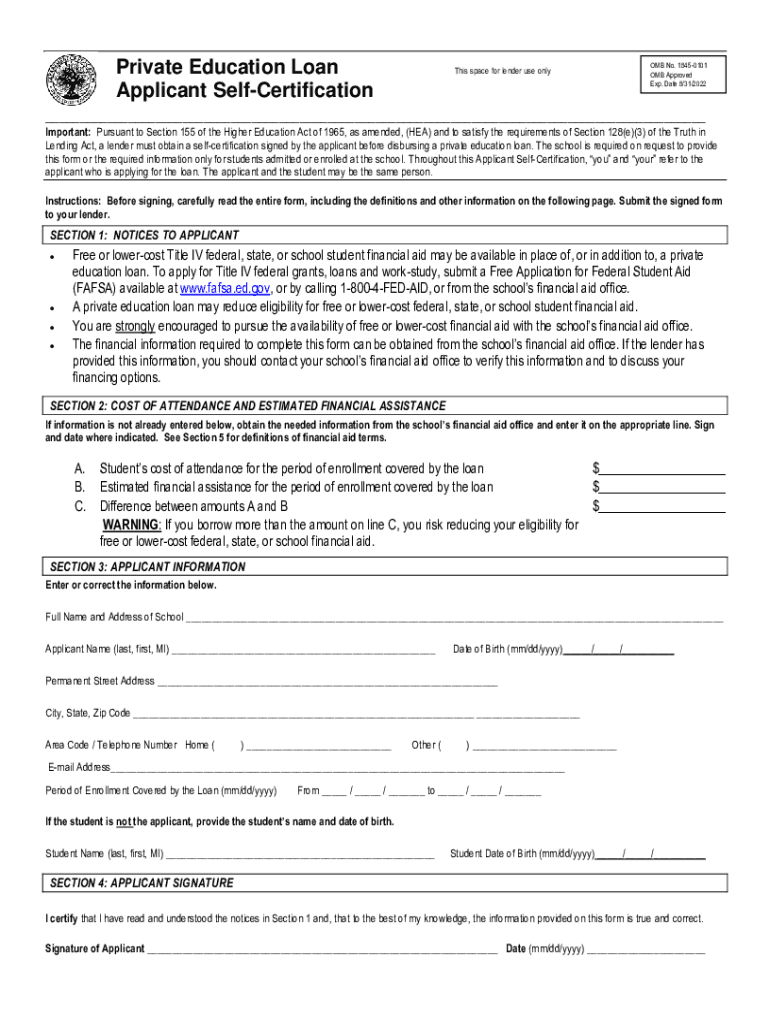 Private Education Loan Applicant Self Certification  Form