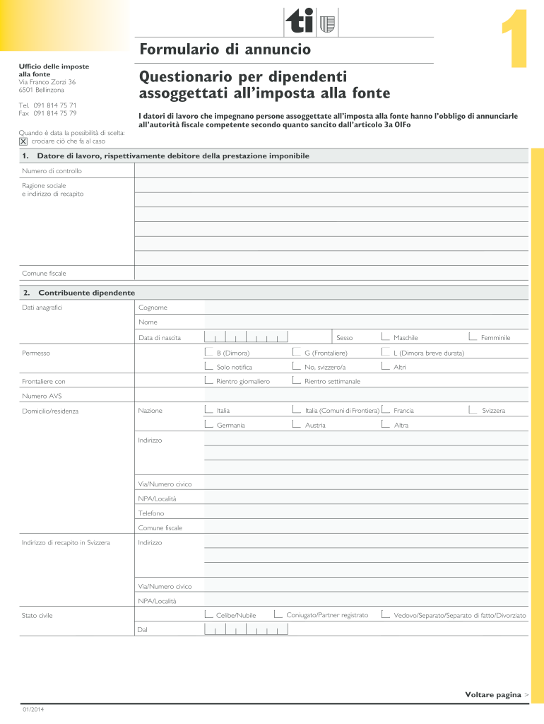 Questionario Per Dipendenti Assoggettati All&#039;imposta Alla Fonte 2014