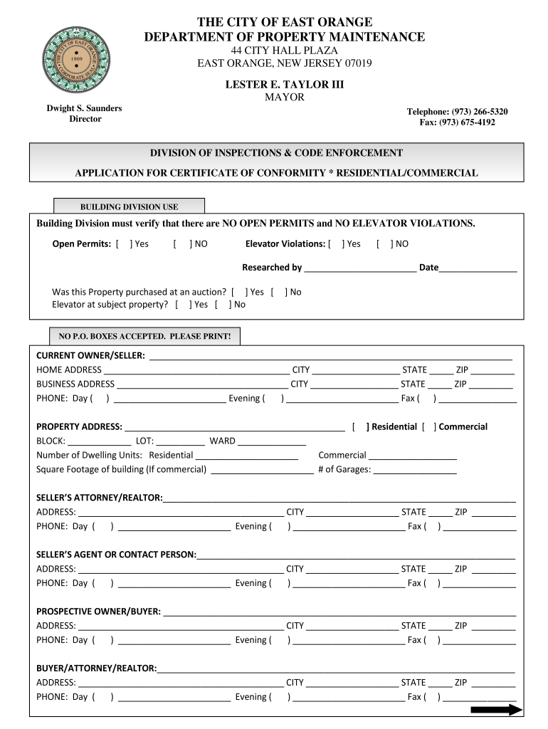  Certificate of Conformity C of C Form Eastorange Nj 2014