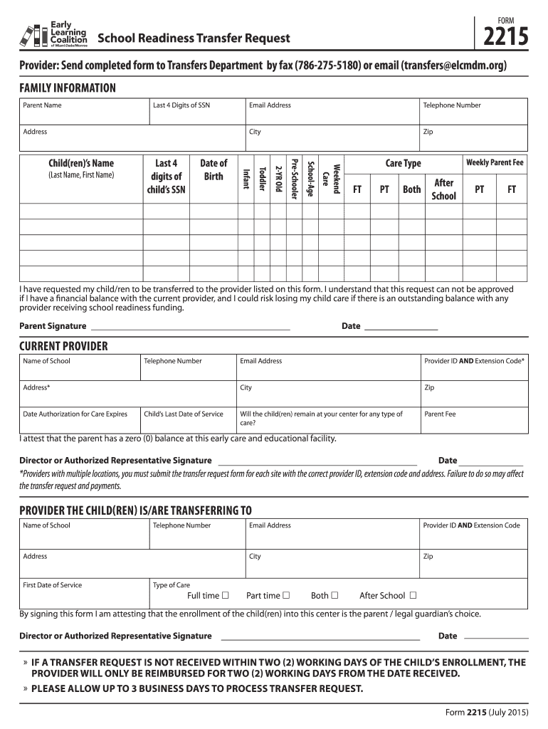  School Readiness Transfer 2015-2024