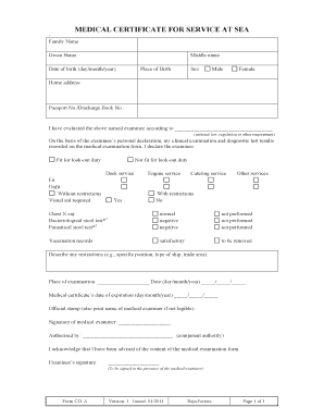 Medical Certificate for Service at Sea  Form