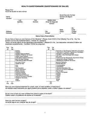 HEALTH QUESTIONNAIRE QUESTIONARIO DE SALUD Southerncompanions  Form