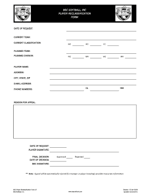 BSC SOFTBALL, INC PLAYER RECLASSIFICATION FORM