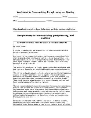 Worksheet for Summarizing Paraphrasing and Quoting Answer Key  Form