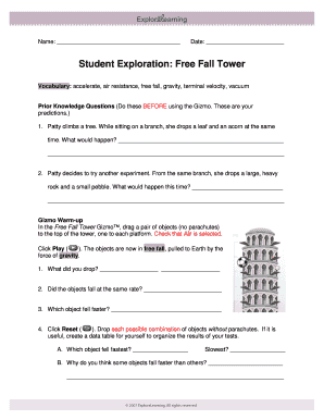 Fall Tower Gizmo Answer Key  Form