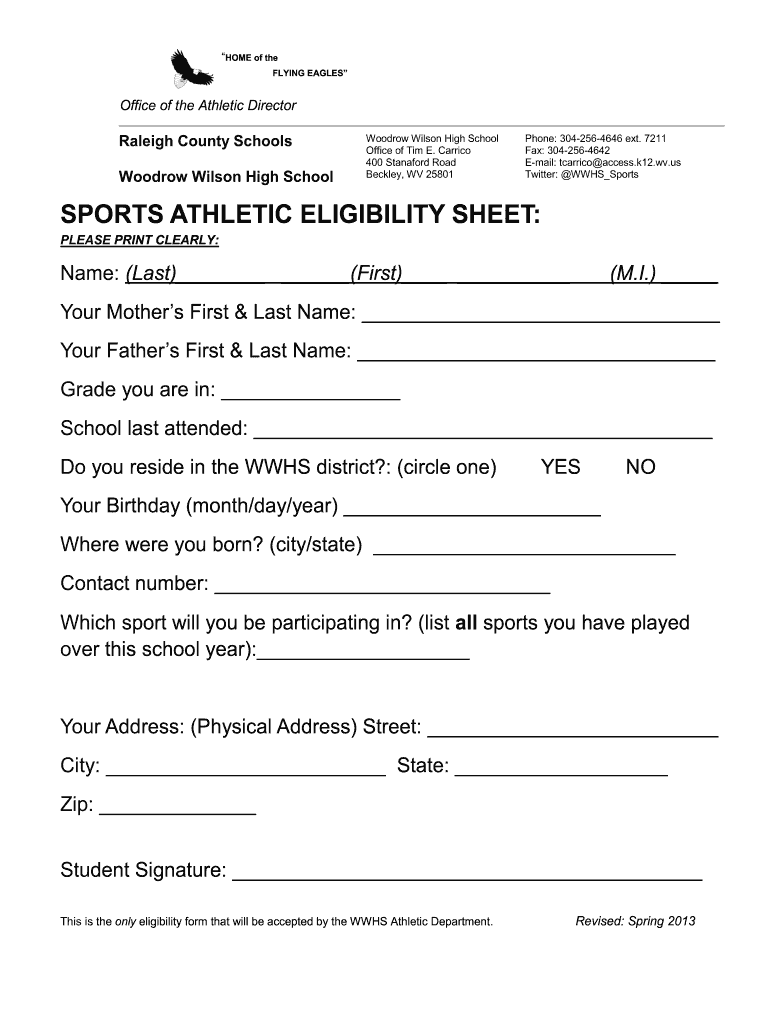 SPORTS ATHLETIC ELIGIBILITY SHEET  Form