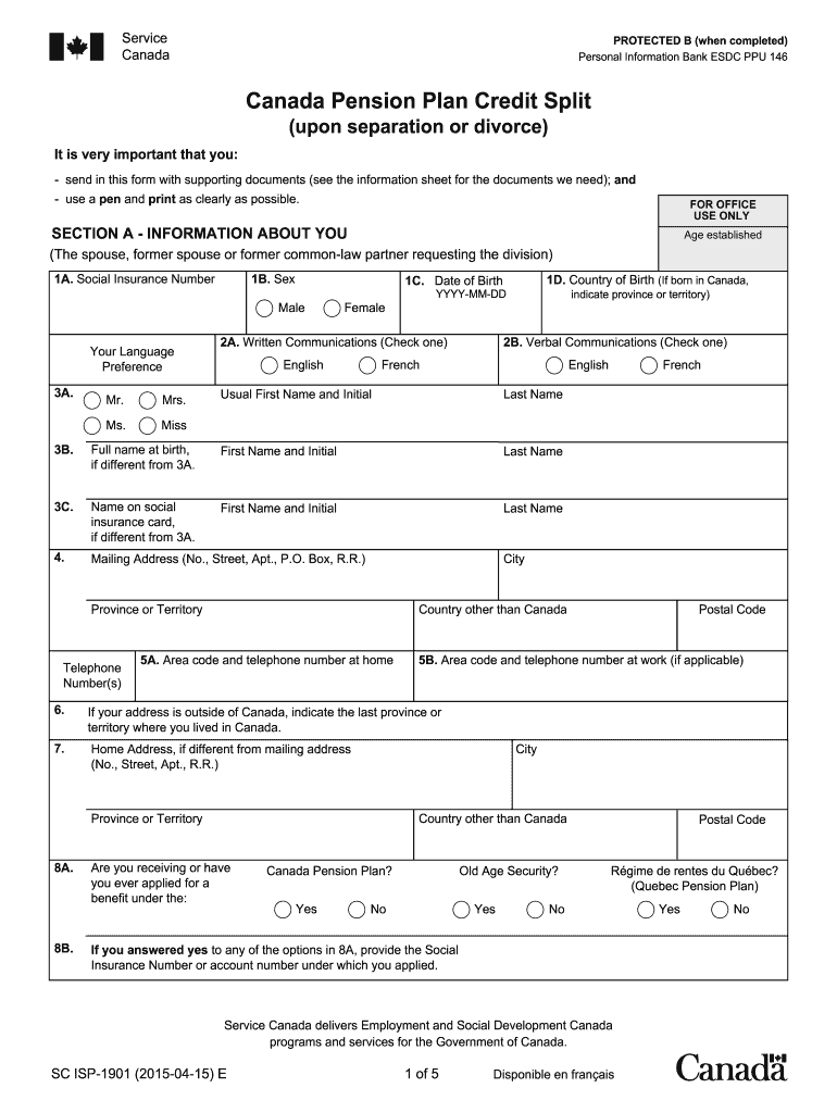  Canada Pension Plan Credit Split SC ISP 1901 E  Servicecanada Gc 2015