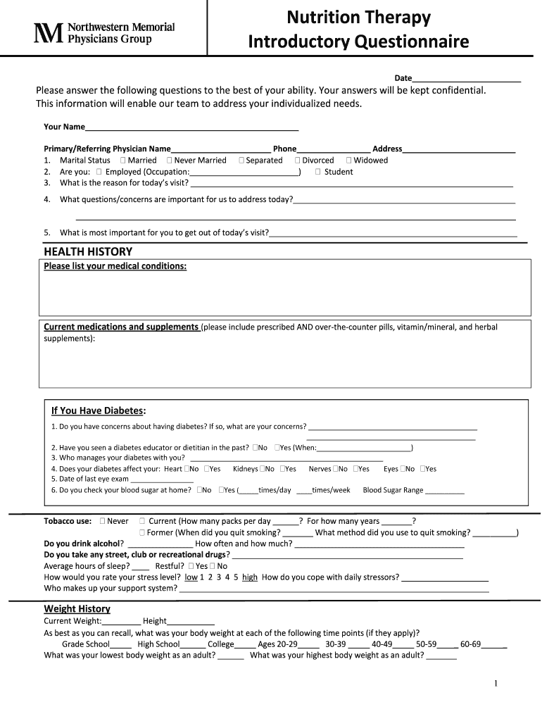 Nutrition Therapy Introductory Questionnaire Nmg Nm  Form