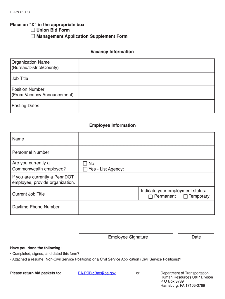 Union Bid FormManagement Application Supplement Form P 329