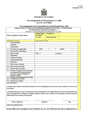 Form IX Regulation 101 REPUBLIC of ZAMBIA the Immigration and Deportation Act, Act No