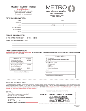 WATCH REPAIR FORM for USA Only Relic