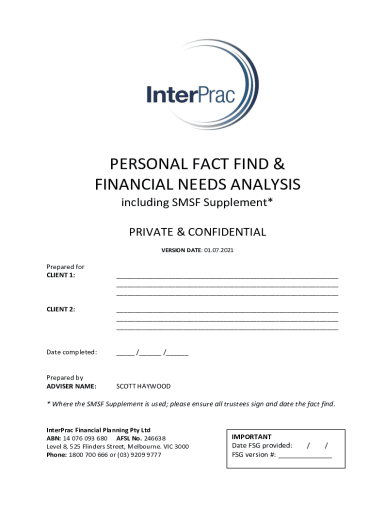 Personal Fact Find &amp; Financial Needs Analysis  Form