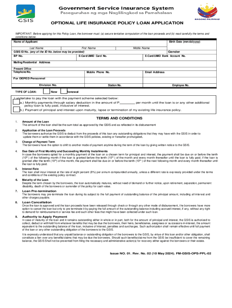  GSIS Optional Life Insurance Policy Loan Application 2024-2026
