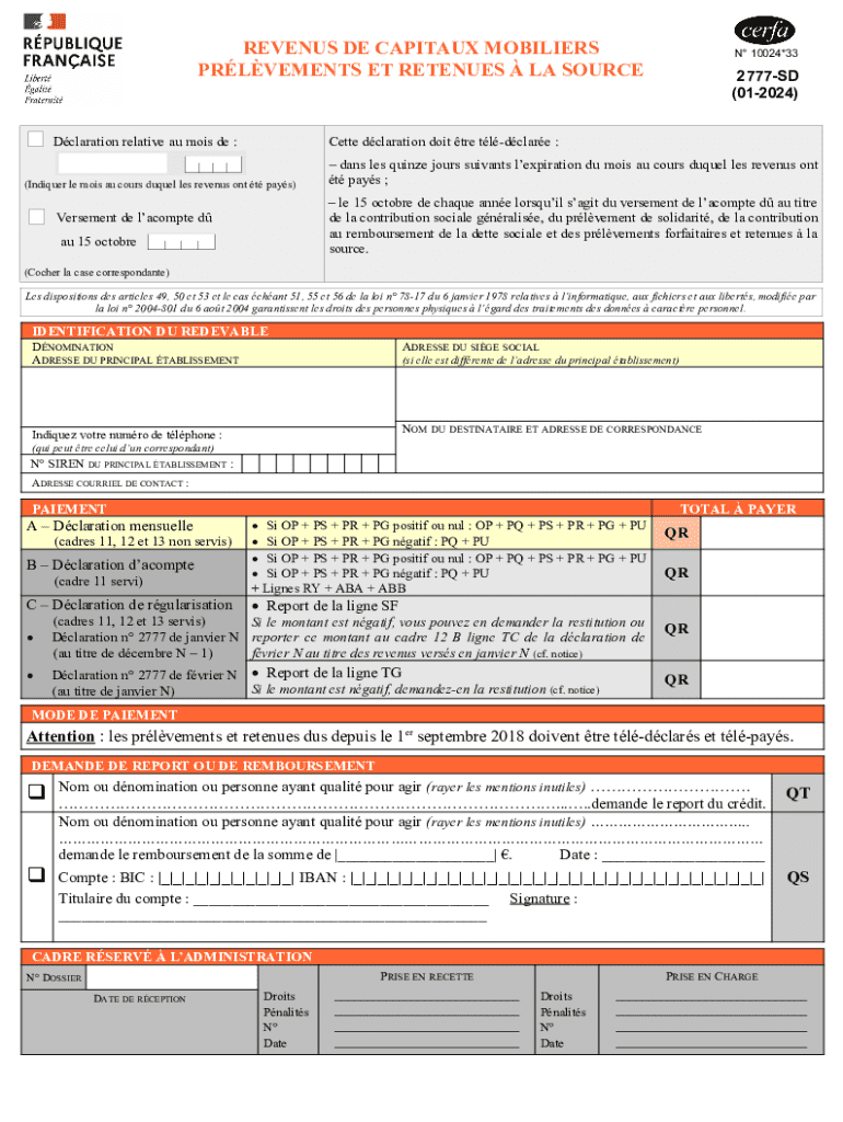 D Claration Relative Au Mois De Revenus De Capitaux Mobiliers N 10024*33  Form